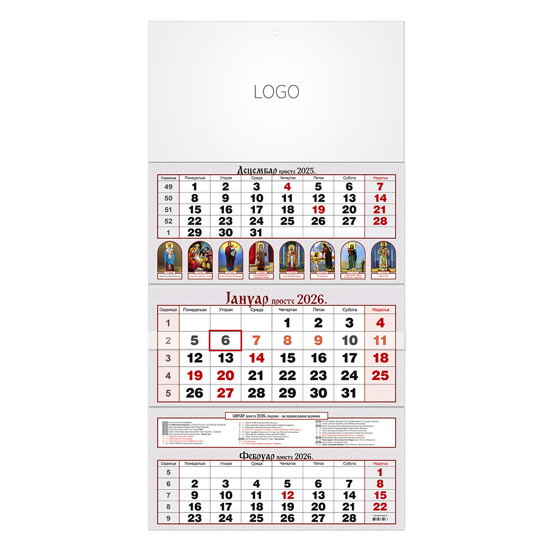 Zidni kalendar: 3 x 12 listova, tromesečni, trodelni