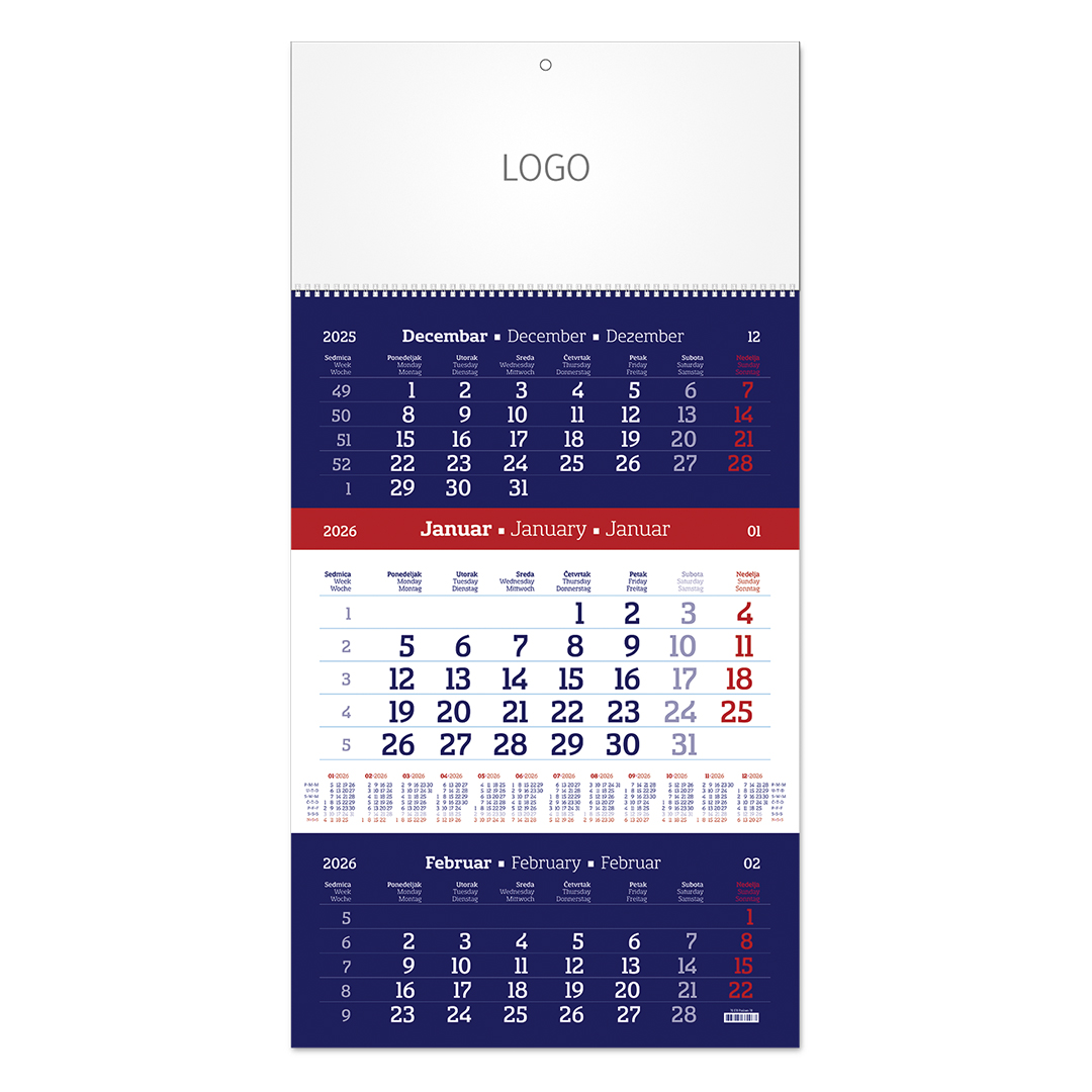Zidni kalendar: 12 listova, tromesečni, jednodelni